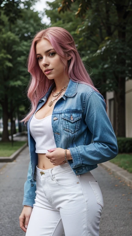 1girl, solo, pink_hair, long_hair, jacket, brown_eyes, shirt, parted_lips, white_shirt, pants, denim, jewelry, breasts, blue_jacket, necklace, open_clothes, lips, sky, day, open_jacket, medium_breasts, long_sleeves, nose, jeans, looking_to_the_side