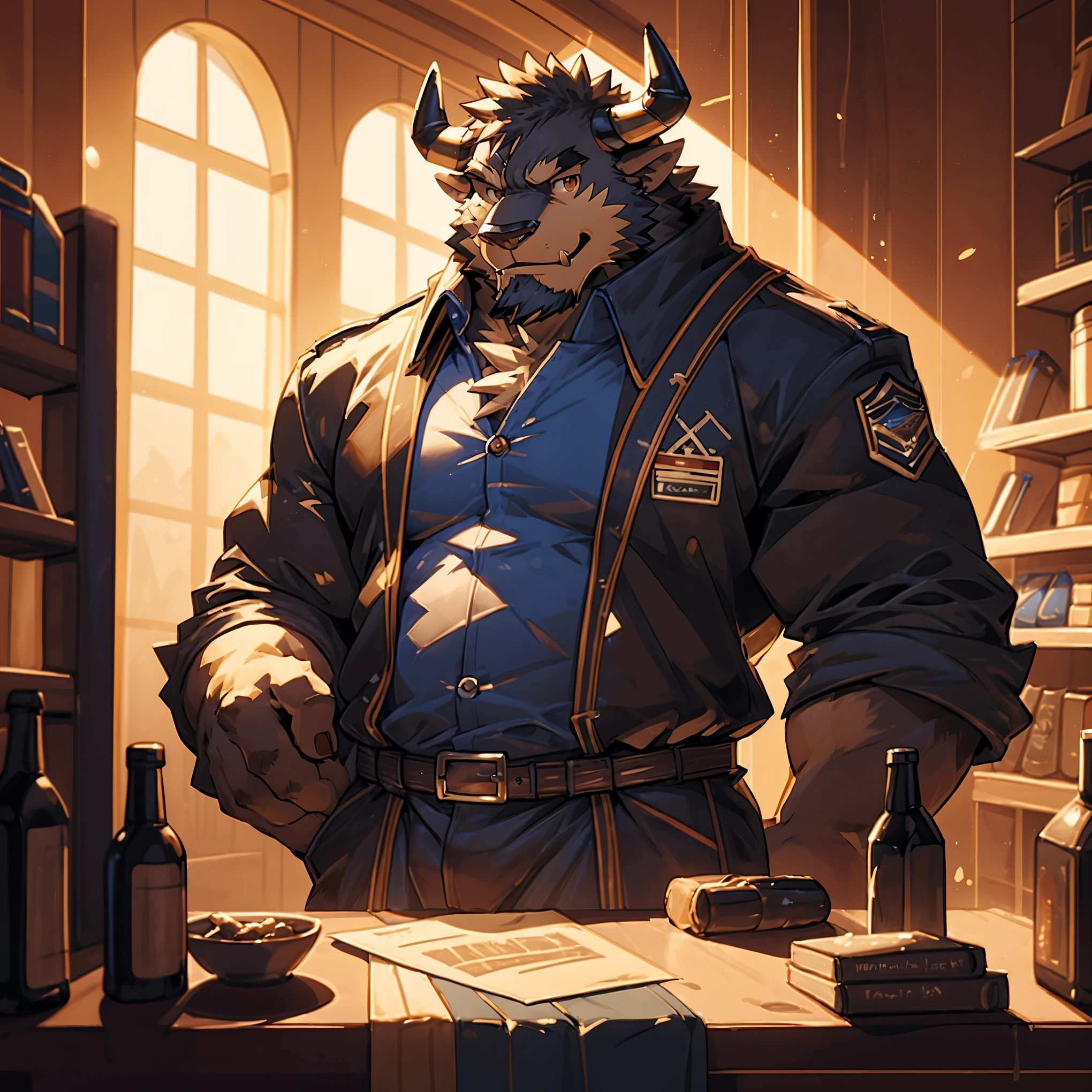 （CG 8K）Bison Orc，Brown fur，Very strong，Dirty，obesity，Slightly bulging hips，A wretched smile，Facing the camera，Close-up of face，Obscene posture，Standing in the store，Solitary，author：Takemoto Arashi ，by zixiong