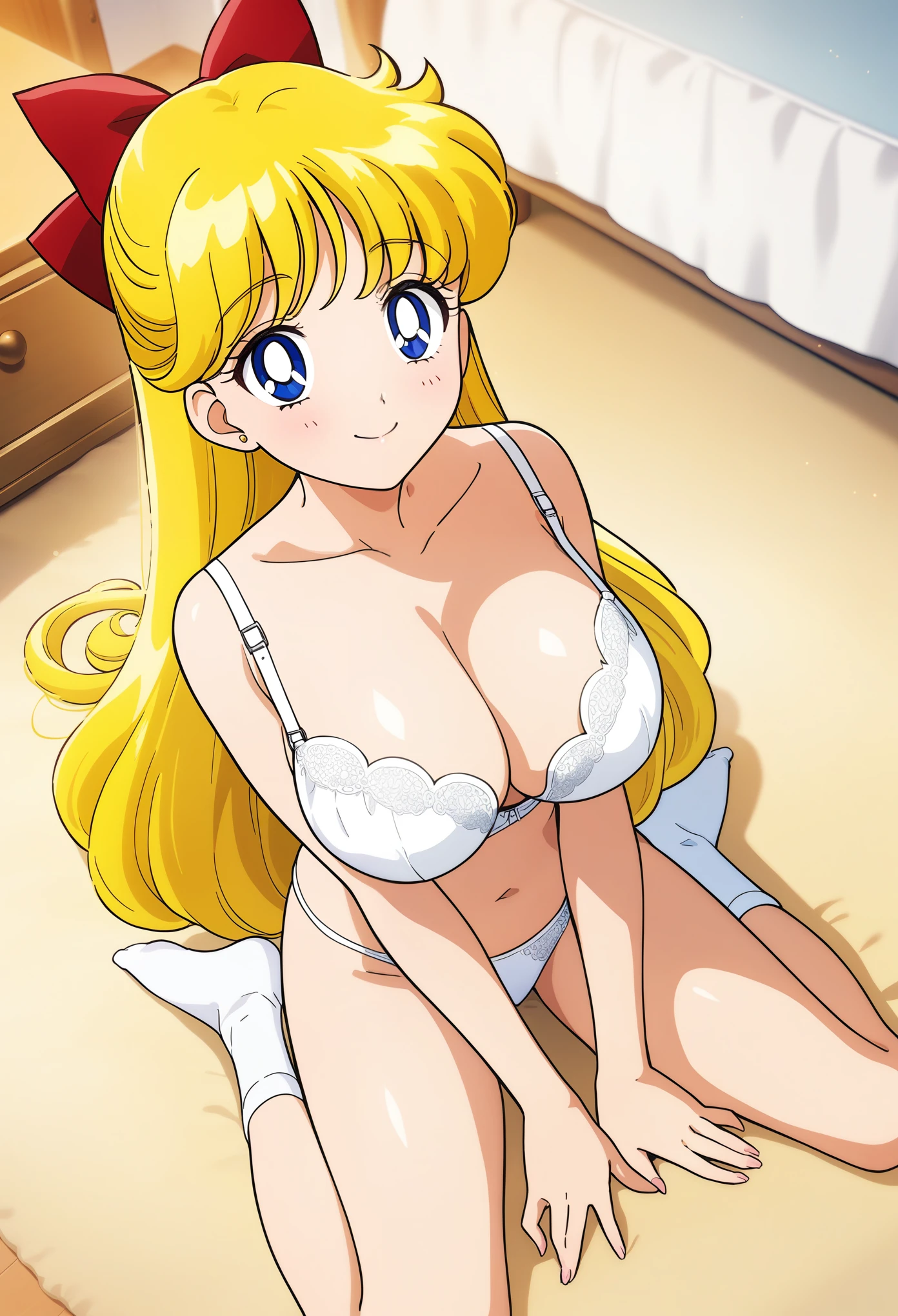 masterpiece, best quality, very aesthetic, absurdres, aavenus, BREAK,official art, anime screencap, 1girl, 14 yo, big eyes, white lace bra, huge breasts, long hair, blonde hair, hair bow, blue eyes, blush, smile, indoors, bedroom, (1990s (style):0.8), looking at viewer, sitting, wariza, from above