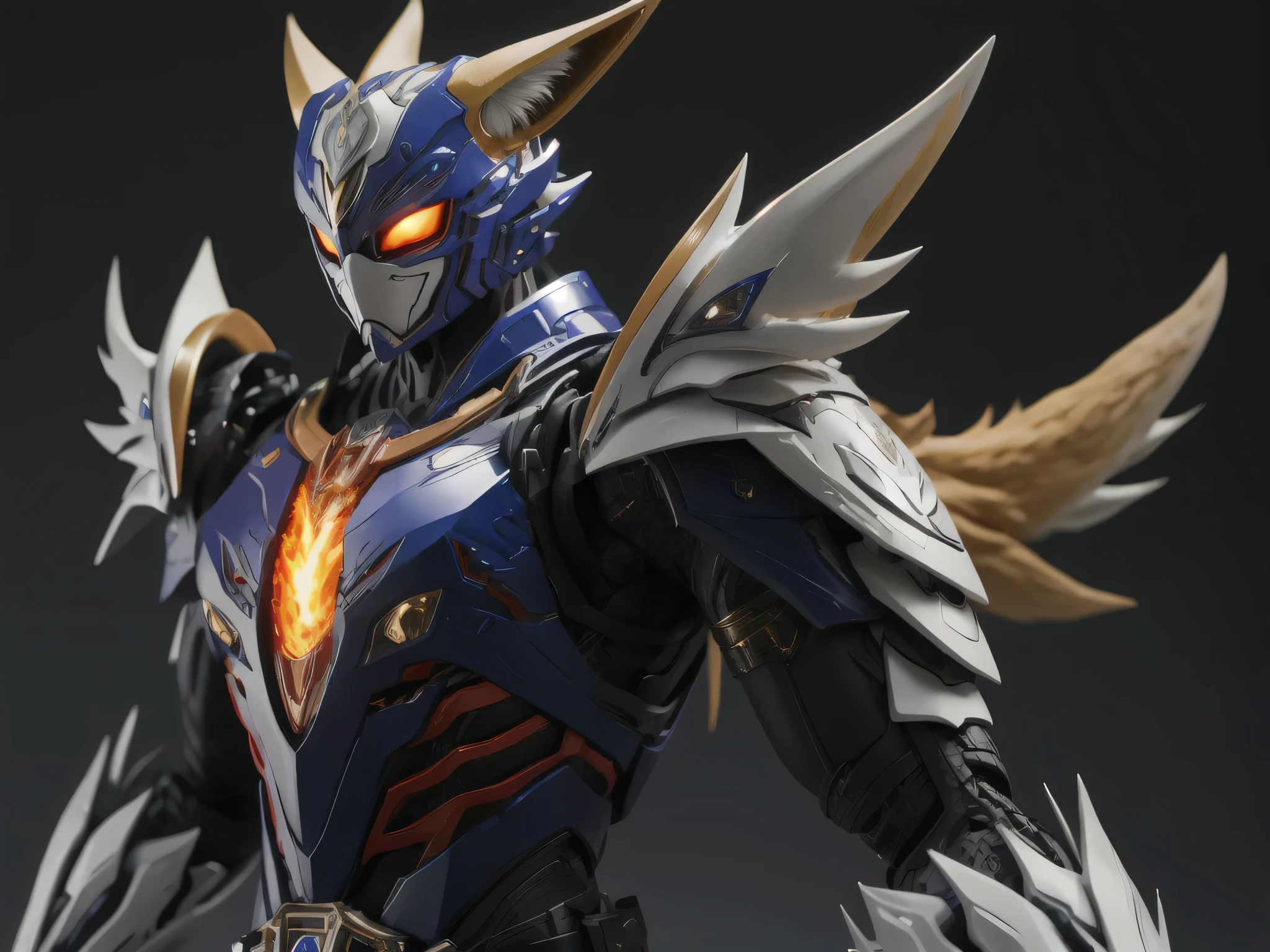 ((best quality)), ((masterpiece)), (detailed), perfect face, Blue and White, Fox Power Ranger, Mystical Fire Background, Single person, Sleek Fox Armor, Full Body, Fox Base, Kamen Rider