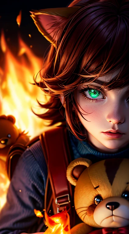 Green Eyes, annie, Red Hair, sad, brown leather backpack, short hair, fake cat ears, long bangs, fire, teddy bear, tibbers, purple shirt, flame, throwing, close up, glowing
