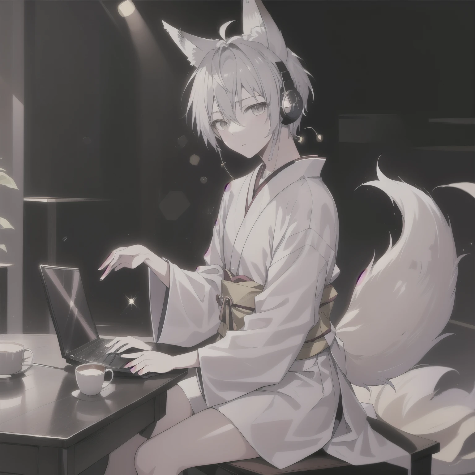 ((best quality)), ((masterpiece)), (detailed), perfect face boy、((best quality)), ((masterpiece)), (detailed), perfect face ((highest quality)), ((masterpiece)), (be familiar with),、morning、Studying in my room listening to the radio with headphones、kimono、Silver Hair、Fox's Tail、Fox Ears、Warm lighting、Reading a book、 Realistic person with headphones sitting at a table with a laptop, praise boy, praise artstyle, praise art, praise vibes, praise feel, praise hip hop, praise, Chill Hop, praise girl aesthetic, praise portrait, praise vibe, praise cores, Anime atmosphere, The aesthetics of the lofi