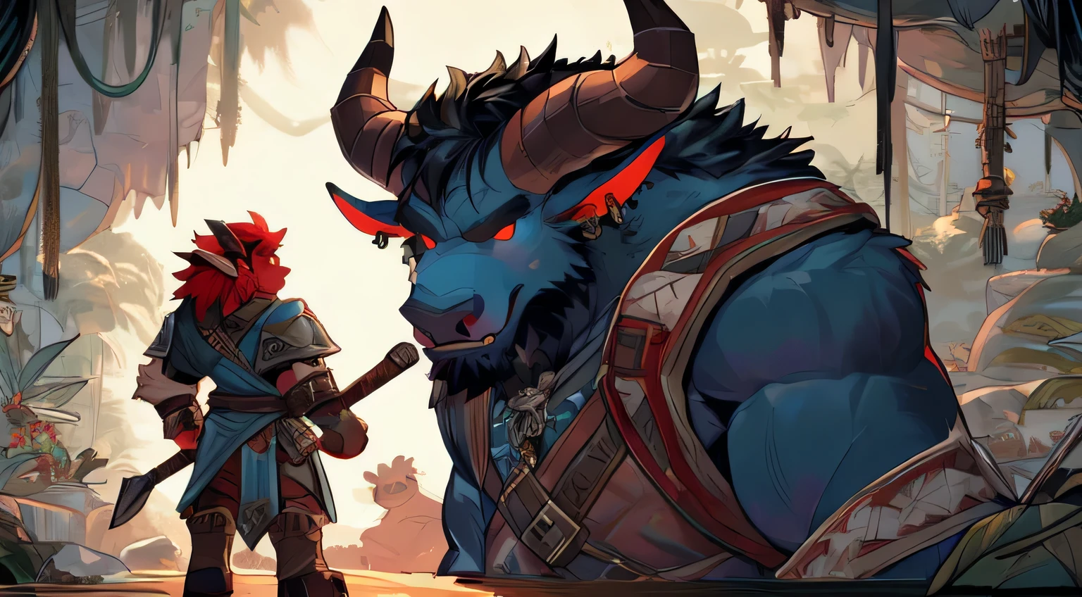 Minotaur holding an ax , Fantasy comic book style, Forrest in the background, giant ax, ในรูปแบบของ Wold of Warcraft, Green forest in the background, deep jungle