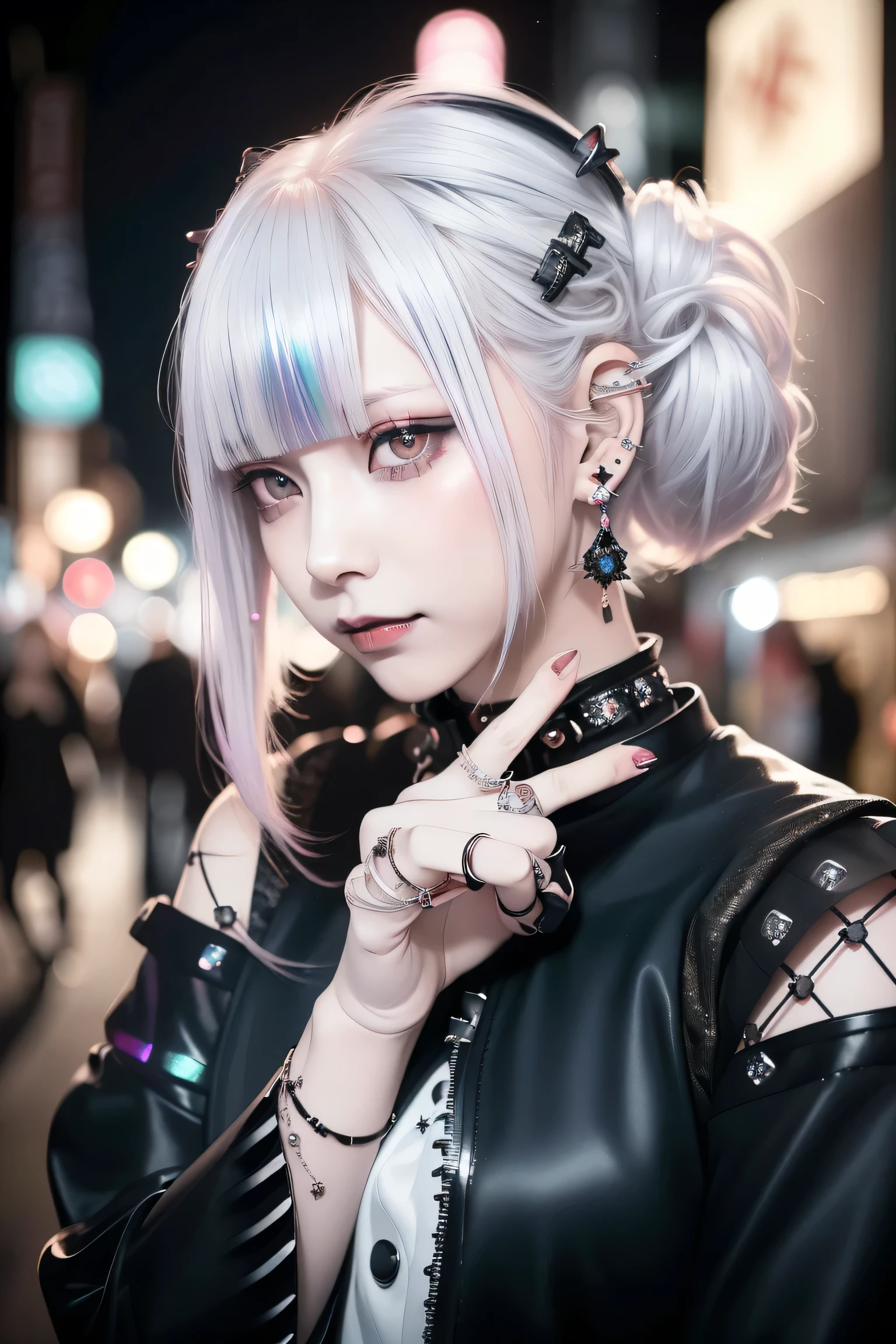 Goth Android A close up of a person with a white hair and a black jacket - SeaArt AI