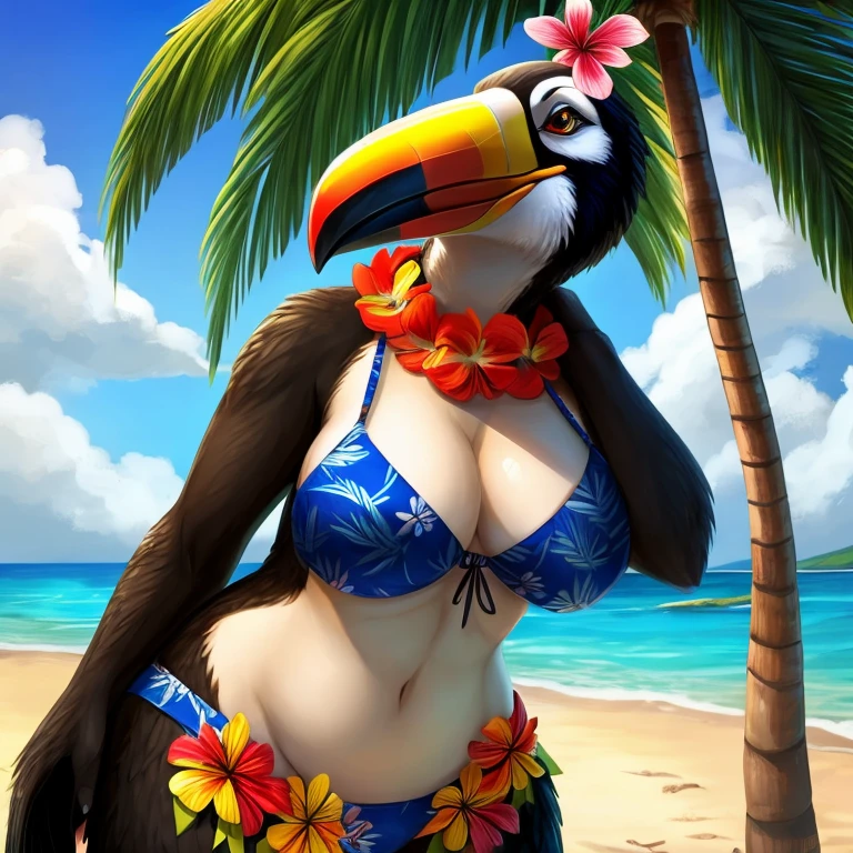 Solo female, toucan, avian, bird, curvy, black feathers, blue bikini bottom, flower lei covering chest, holding coconut drink, beach, Hawaiian, tropical, palm trees in background