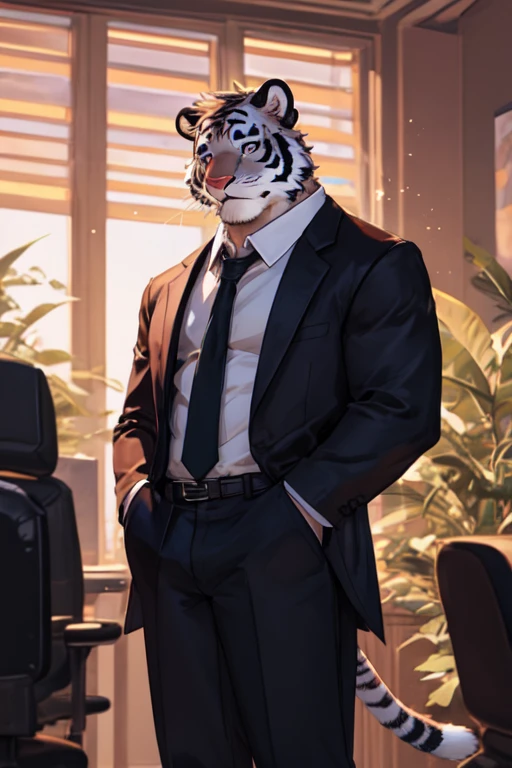Author: bontiage, (1 boy), One, tiger, big bulge crotch, boner, pants, long sleeve plain shirt, necktie, Men's Second, kemono, hot body, muscle, Beautiful, sexual, Attractive guy, (Detailed black eyes), brows, (masterpiece, A high resolution, Best quality), 4K, a male, Beautiful shadow, (red cheek:1.5), (large wall-mounted mirror),  (reflection is in the mirror:1.4), (in front of mirror), (facing the mirror), (looking the mirror), (from behind:1.5)