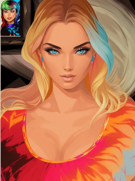 ((Digital Painting)),((4k)),((comic Babes)), Beautiful Woman in Intricate Bold and Tie-Dye Outfit, Neckline, Big