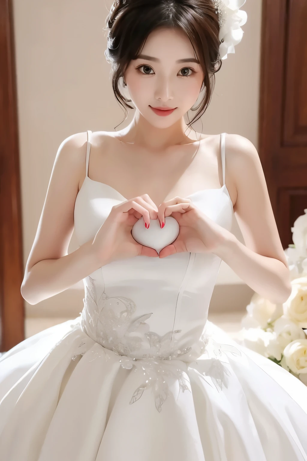 masterpiece, best quality, 1girl, Heart-Shaped_Boob_Challenge,fit body,white wedding dress