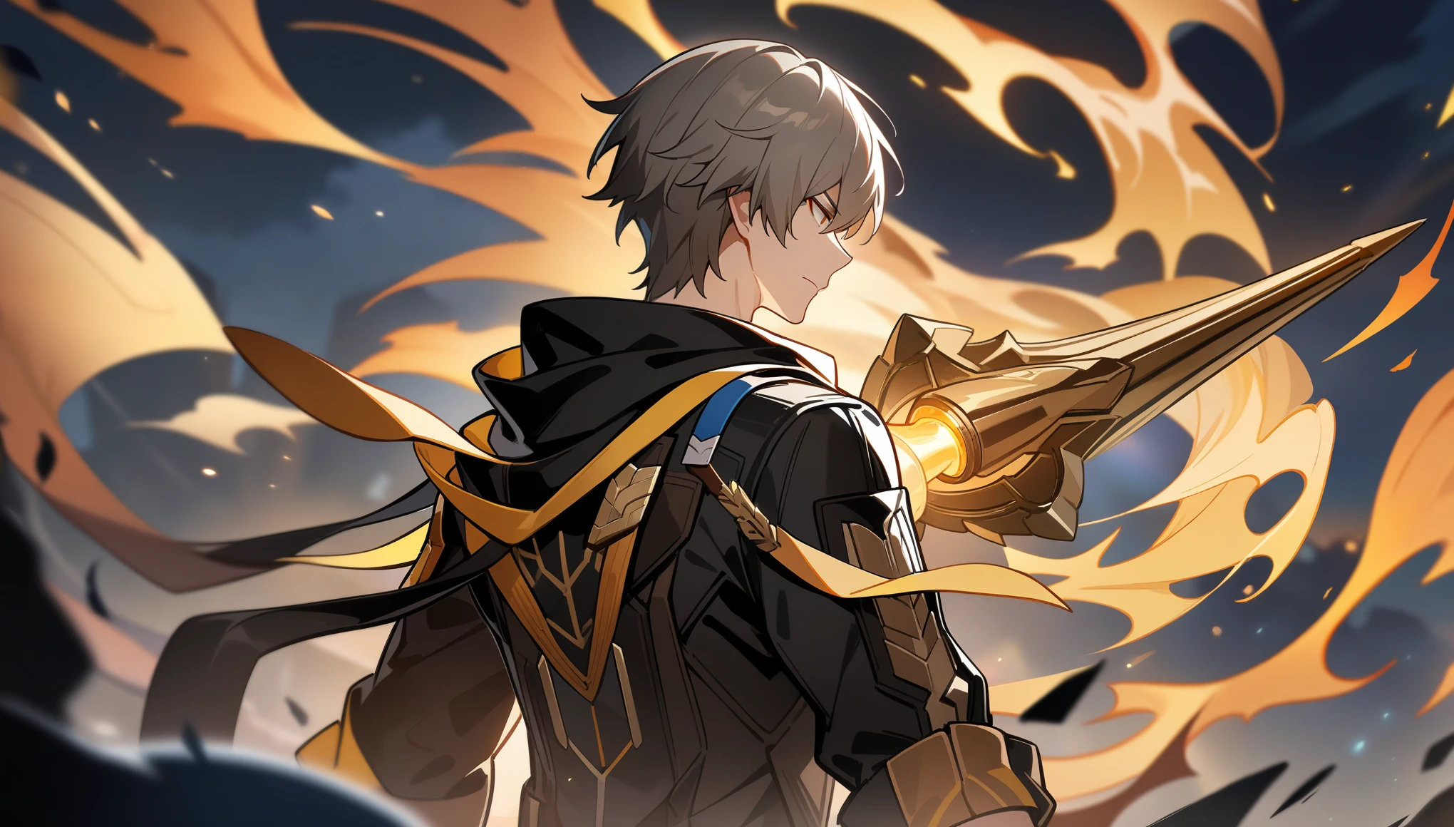1boy, male focus, caelus, trailblazer, honkai star rail, masterpiece, best quality, very aesthetic, back turned, injured, serious expression, flames, lance, absurdres, epic composition, centered, simple backgound, masterpiece, clean lineart, clean anime outlines, best quality, high quality, high details, super detail, anatomically correct, best quality, ultra-detailed, colorful, dynamic lighting, HD,