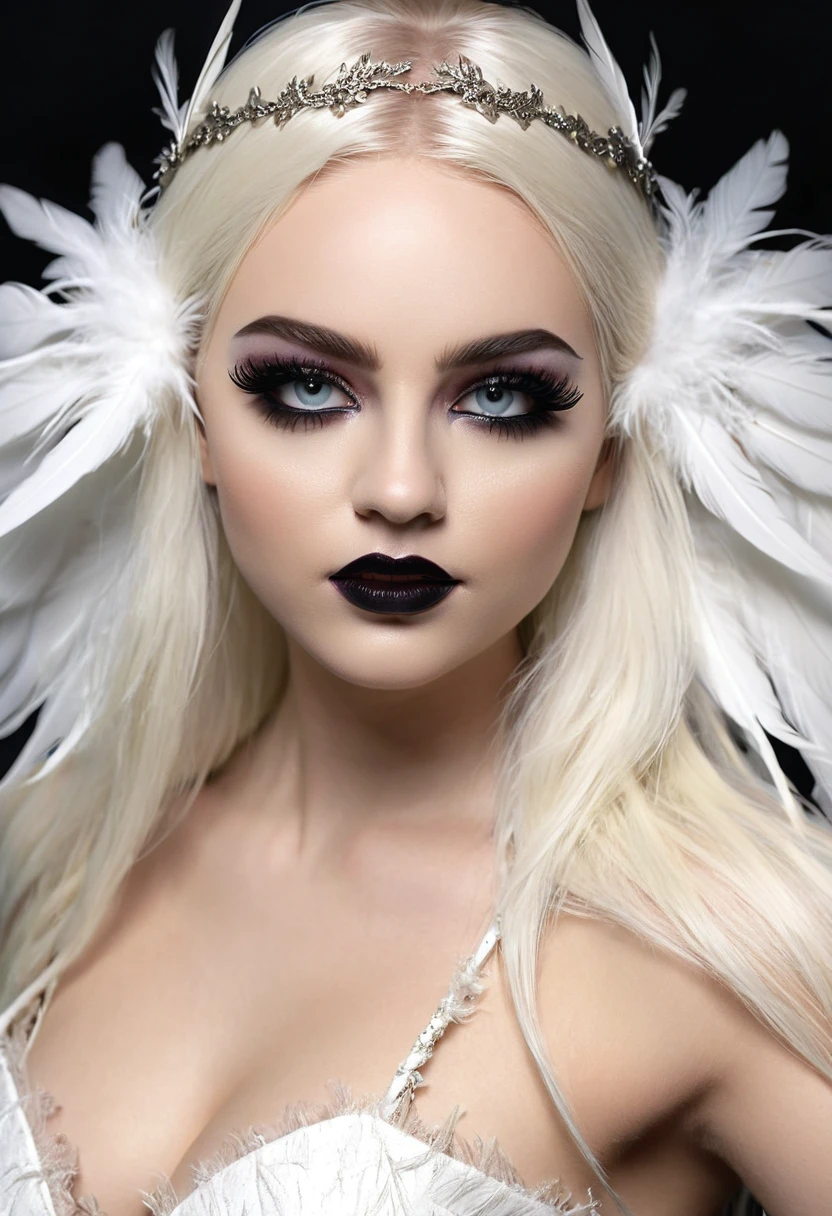 Beautyfull realistic Angle, head halo, thin curved eyebrows, long black luscious eyelashes, black eyeliner, dark eye shadow, face makeup, bark lipstick,defined black iris,detailed Florence eyes,long luscious platinum blond hair, pale skin,hour glass body, realisticheavy heavenly outfit, full size white feather wings on back, spear weapons, combat in the background, dawn,