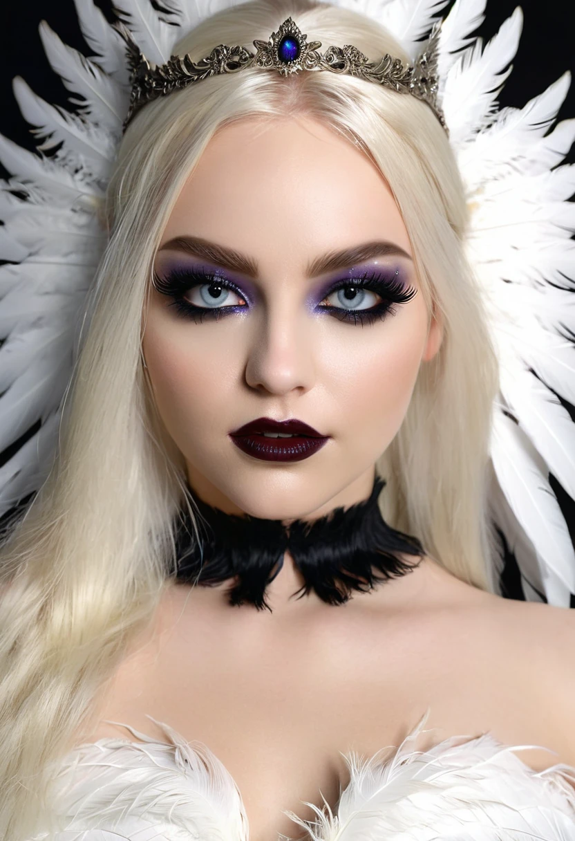 Beautyfull realistic Angle, head halo, thin curved eyebrows, long black luscious eyelashes, black eyeliner, dark eye shadow, face makeup, bark lipstick,defined black iris,detailed Florence eyes,long luscious platinum blond hair, pale skin,hour glass body, realisticheavy heavenly outfit, full size white feather wings on back, spear weapons, combat in the background, dawn,