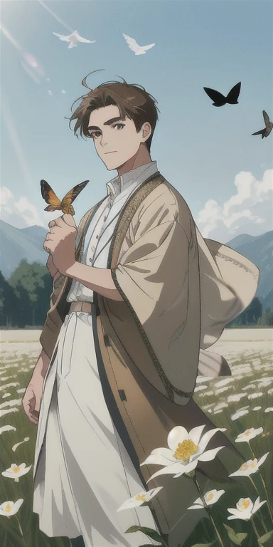 High Detail, Ultra Detail, Ultra High Resolution Light brown eyebrows, short brown hair boy enjoying his time in open field, surrounded by the beauty of nature, warm sun sprinkling on him, white flowers gently swaying in the breeze. Butterflies and birds flutter around her, adding to the playful atmosphere , --v6