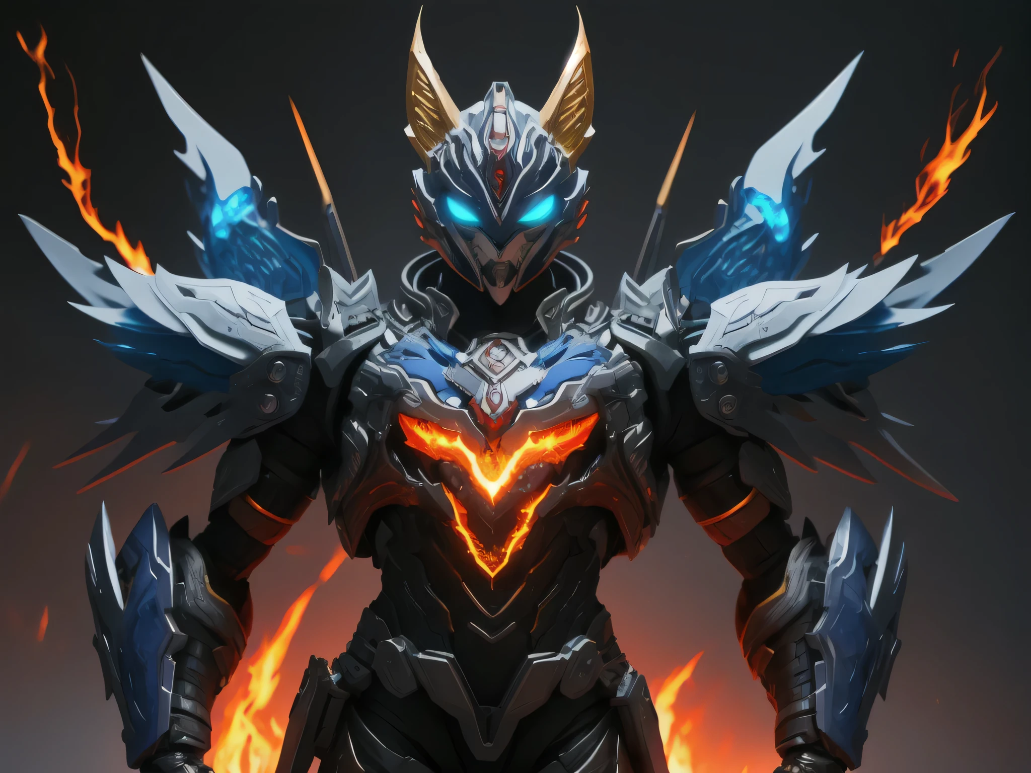 ((best quality)), ((masterpiece)), (detailed), perfect face, Blue and White, Fox Power Ranger, Mystical Fire Background, Single person, Sleek Fox Armor, Full Body, Fox Base, Kamen Rider