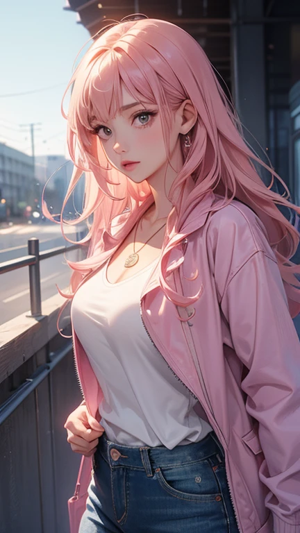 1girl, solo, pink_hair, long_hair, jacket, brown_eyes, shirt, parted_lips, white_shirt, pants, denim, jewelry, breasts, blue_jacket, necklace, open_clothes, lips, sky, day, open_jacket, medium_breasts, long_sleeves, nose, jeans, looking_to_the_side