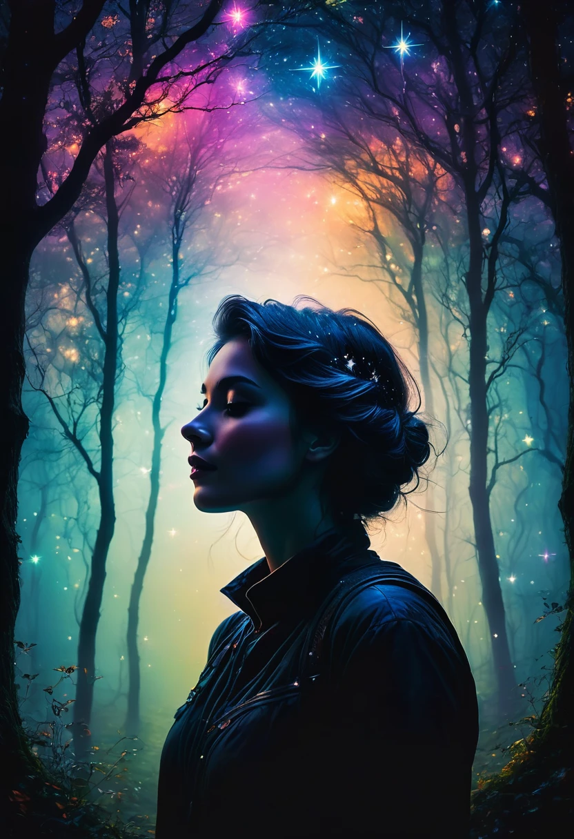 vivid colors,portrait,night scene,dark silhouette,soft warm light,dreamy ambiance,enchanting atmosphere,misty woods,stars twinkling in the sky