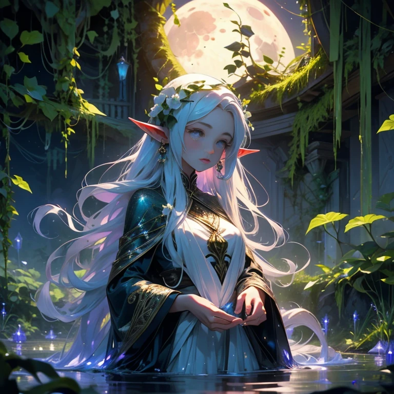 A moon elf maiden undergoes a cleansing ritual where tentacles of flowered ivy and vines caress and clean her under a moonlit sky