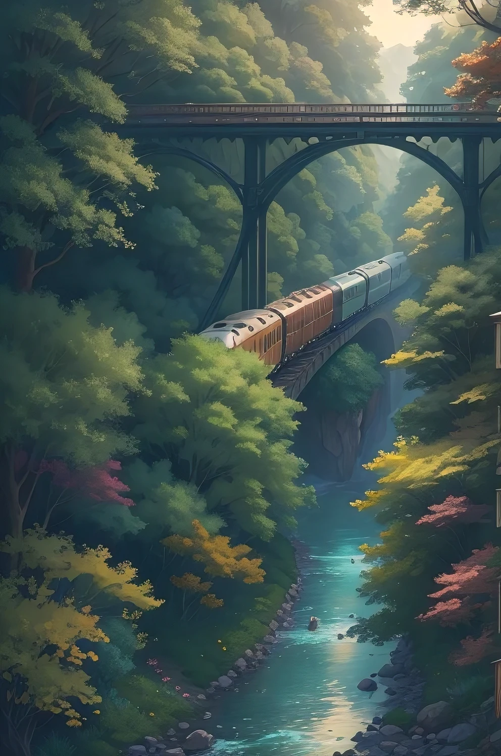 there is a train that is going over a bridge in the woods, detailed scenery —width 672, ghibli art style, 4k detailed digital art, anime art wallpaper 4 k, anime art wallpaper 4k, detailed painting 4 k, anime background art, beautiful anime scenery, anime art wallpaper 8 k, 4k highly detailed digital art, scenery artwork