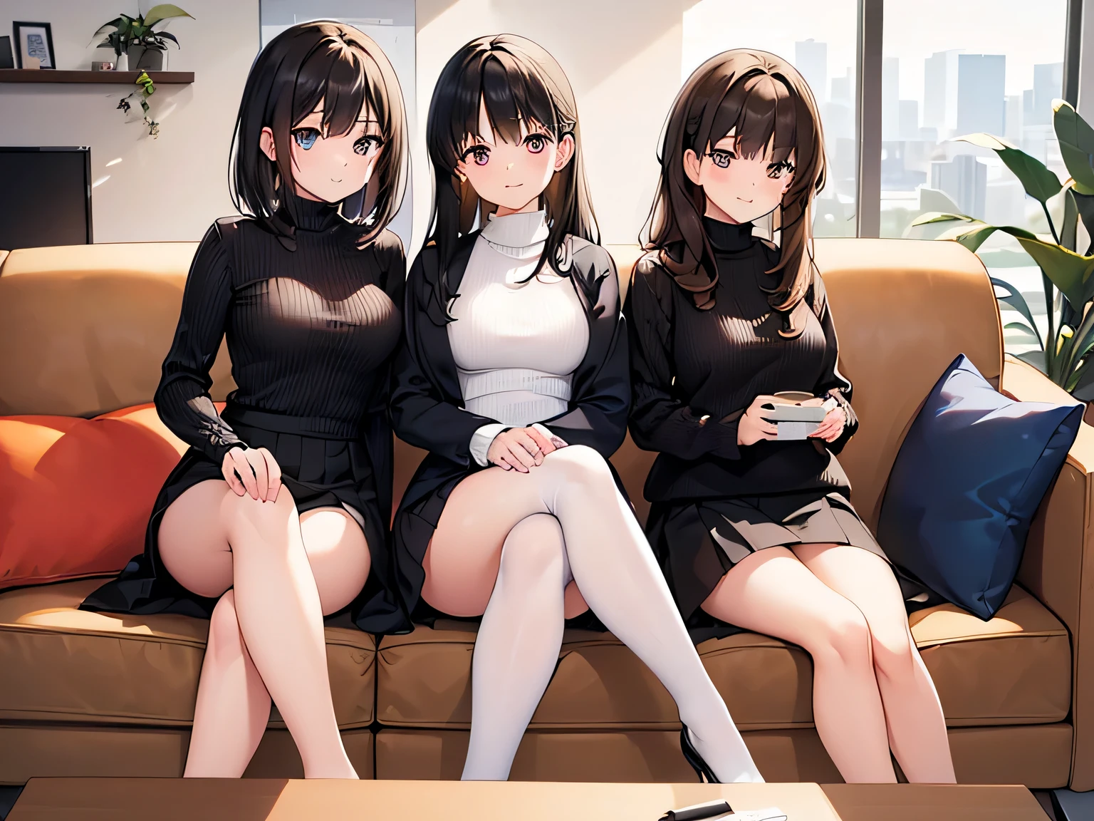 (Masterpiece, top quality, high resolution, realistic photo, realistic looking skin:1.1),
(Three women are sitting on an office couch:1.5),
(All three are smiling: 1.5),
(The first is 25 years old with short black hair, a long-sleeved knit with a V-neck, a white flared skirt and white pumps:1.8),
(The second is 22 years old with long black hair, a crew-neck long-sleeved knit, a black flared skirt, and black pumps: 1.8),
(The third is 23 years old with medium brown hair, a turtleneck long-sleeved knit, a red flared skirt and beige pumps:1.8),
(All three are dressed in office casual clothing:1.8),
(All three have their legs crossed and their panties are almost visible: 1.5),
(The location is a couch in an office break room:1.5),
Full-bodied Esbians, beautiful eyes, glowing eyes, glowing thighs, NSFW.