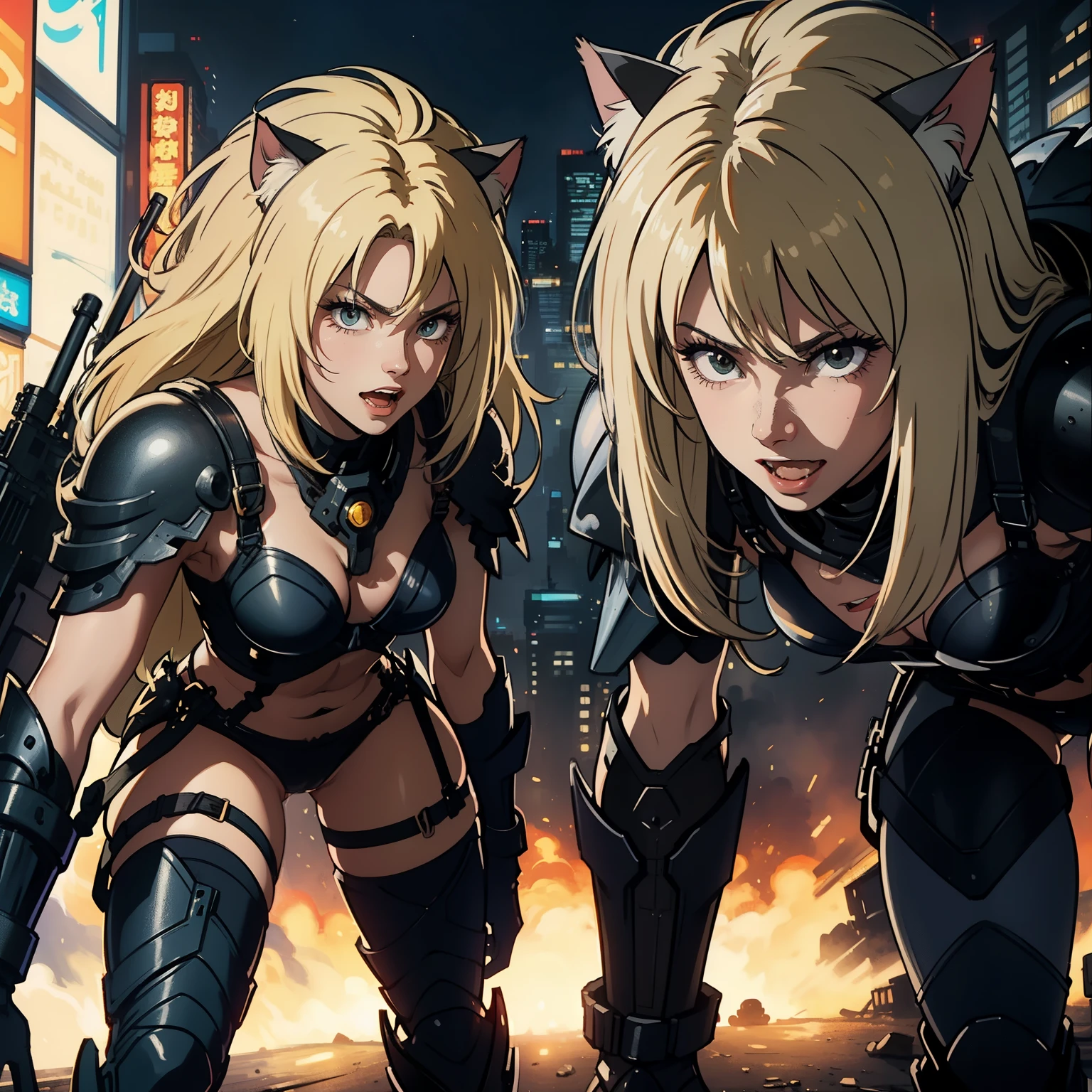 ((highest quality)), ((masterpiece)), (be familiar with), (High definition), 8K, Perfect Face、2Women、Two blonde women with cat ears、((laughing out loud))、((tankの砲身に跨がっている))、tall、2 Blonde cat ears、2. Long Hair、2. Volumetric hair style、big breasts、Narrow waist、Big Ass、glamorous、Alluring、protector、Armor、combat suit、combat boots、Armament、Equipped with large firearms、Cinematic、Best Shadow、Side lighting、NEO TOKYO、riot、explosion、tank、helicopter、(Close-up of face)