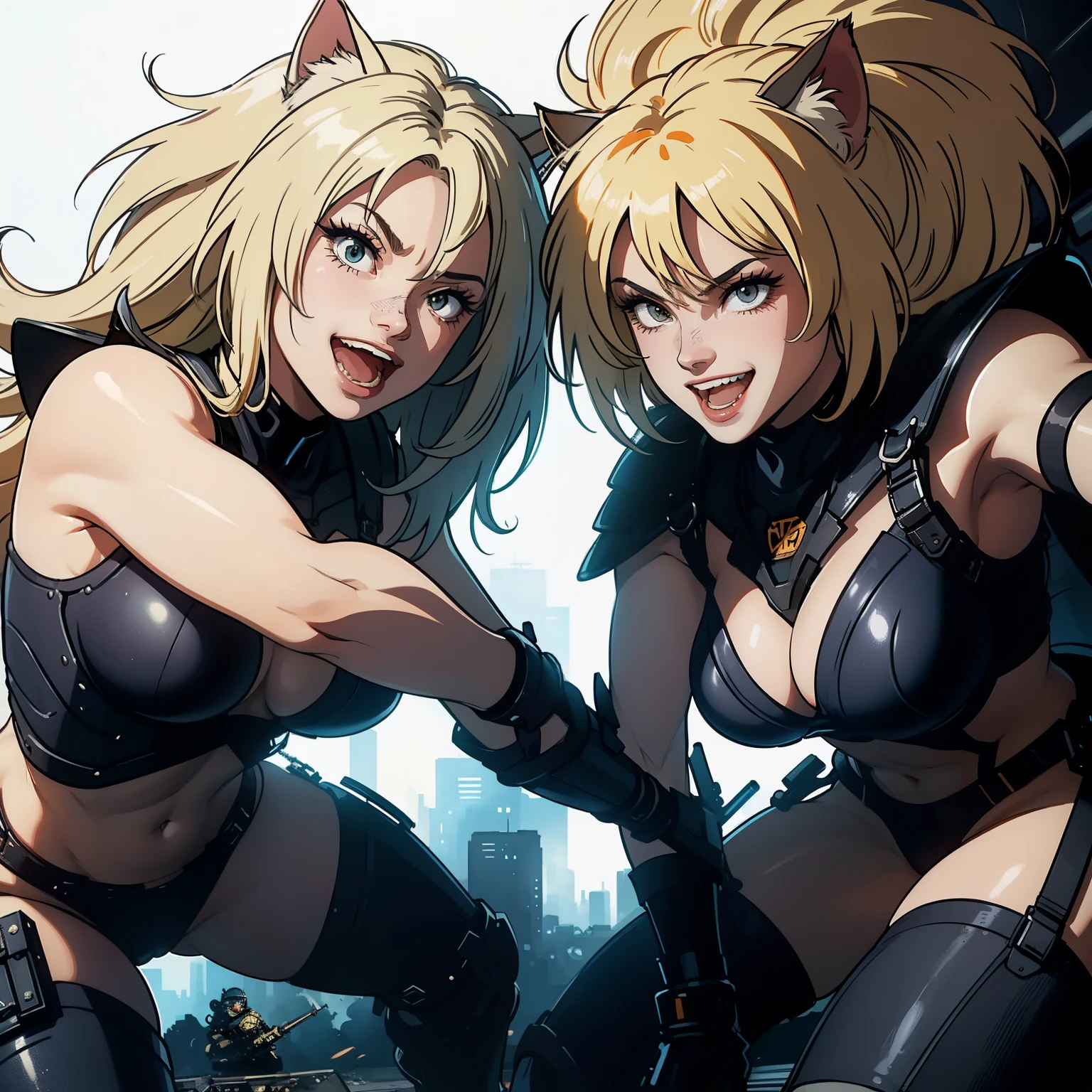 ((highest quality)), ((masterpiece)), (be familiar with), (High definition), 8K, Perfect Face、2Women、Two blonde women with cat ears、((laughing out loud))、((tankの砲身に跨がっている))、tall、2 Blonde cat ears、2. Long Hair、2. Volumetric hair style、big breasts、Narrow waist、Big Ass、glamorous、Alluring、protector、Armor、combat suit、combat boots、Armament、Equipped with large firearms、Cinematic、Best Shadow、Side lighting、NEO TOKYO、riot、explosion、tank、helicopter、(Close-up of face)