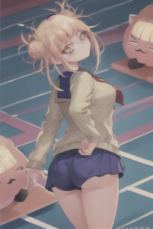 Adjust your clothes,
From behind.
cute face, cute, cute, Very big eyes, Aesthetic Anime Eyes, Small face,
(8k, masterpiece, highest quality, High resolution:1.3),
Huge breasts, Brown eyes,
Bloomers, Gym Shirt,
One girl, alone, School gym,