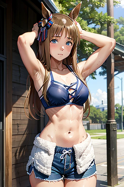 grass wonder \(umamusume\), 1girl muscular, six packs,sex,shorts,bra, towel,sweat, thick thigh,