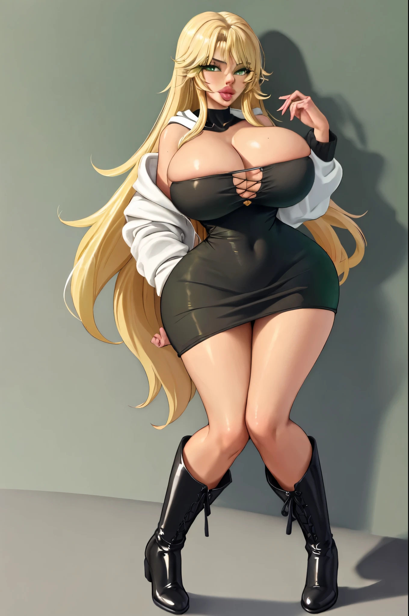 score_9, score_8_up, score_7_up, puririkaaa_style, , long hair, green eyes, white hoodie, 1girl, solo, looking at viewer ppl, blonde hair, green eyes, full body, massive lips, black dress, ((full body)), black boots