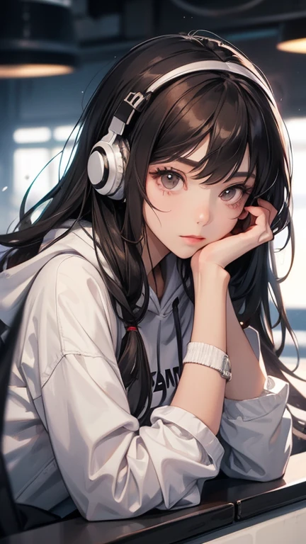 1girl, solo, headphones, long_hair, black_hair, hood, looking_at_viewer, hoodie, lips, brown_eyes, blurry, sitting, hood_down, head_rest, closed_mouth, realistic