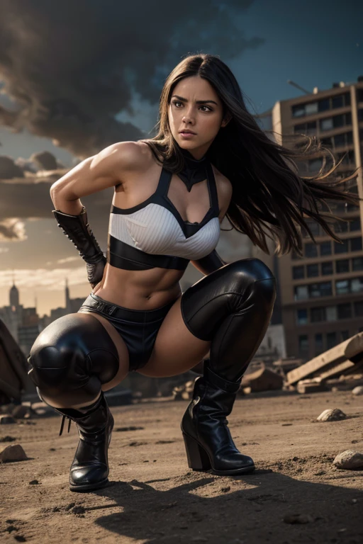 Obra maestra, ultra calidad, excelentes detalles, una mujer hermosa, Laura Kinney X-23, superheroina, wolverine, X-Men, Marvel, garras en sus manos de wolverine, ropa negra, ropa sexy, pechos hermosos, small and exercised glutes, skinny, escote donde puedo observar sus pechos naturales, panties negros, I can see her beautiful buttocks, botas adornadas negras, piel blanca, pelo largo color ?????, cara hermosa y perfecta, the background is very dramatic, Apocalyptic background, cuidad Nueva York destruida, pose sexy.