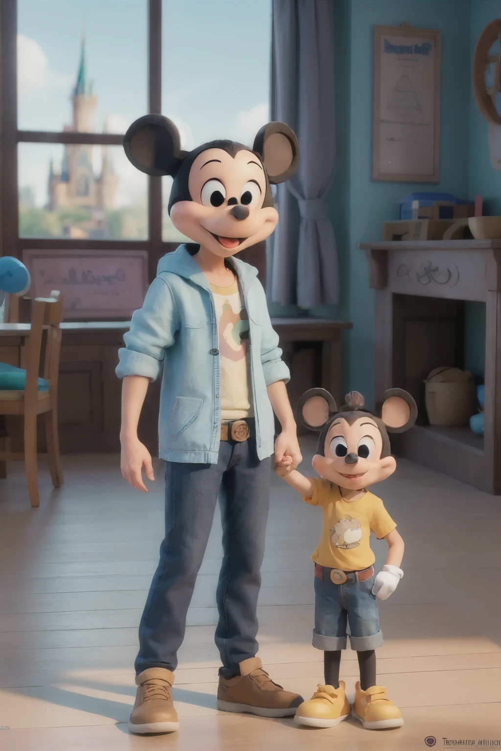((mejor calidad)), ((Obra maestra)), (detallado), cara perfecta, un niño y sus papas en disneyworld con mickey mouse