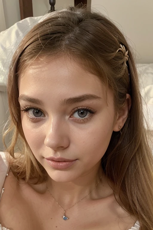 Beautifull girl, selfie of a gorgeous young lady with light skin and loose, wavy blonde hair with brown roots, bright blue eyes, wearing a white lace camisole, emphasized by delicate eye makeup, and natural, arched eyebrows, her makeup is understated, featuring a touch of blush and neutral pink lips, and a few beauty marks adorn her neck, slightly unbuttoned, the focus and lighting on her face bring out the depth of her eyes and the soft texture of her skin, sexy, medium breast