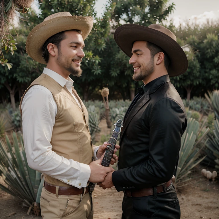 two gay men in an agave field smiling At each other in love, First man is young, slim, medium length dark hair, clean-shaven, dressed in black mariachi outfit. Second subject is tall, Caucasian, green eyes, with a beard, chest hair and, bone colored cowboy attire.