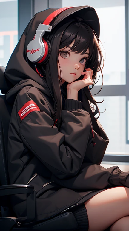 1girl, solo, headphones, long_hair, black_hair, hood, looking_at_viewer, hoodie, lips, brown_eyes, blurry, sitting, hood_down, head_rest, closed_mouth, realistic.