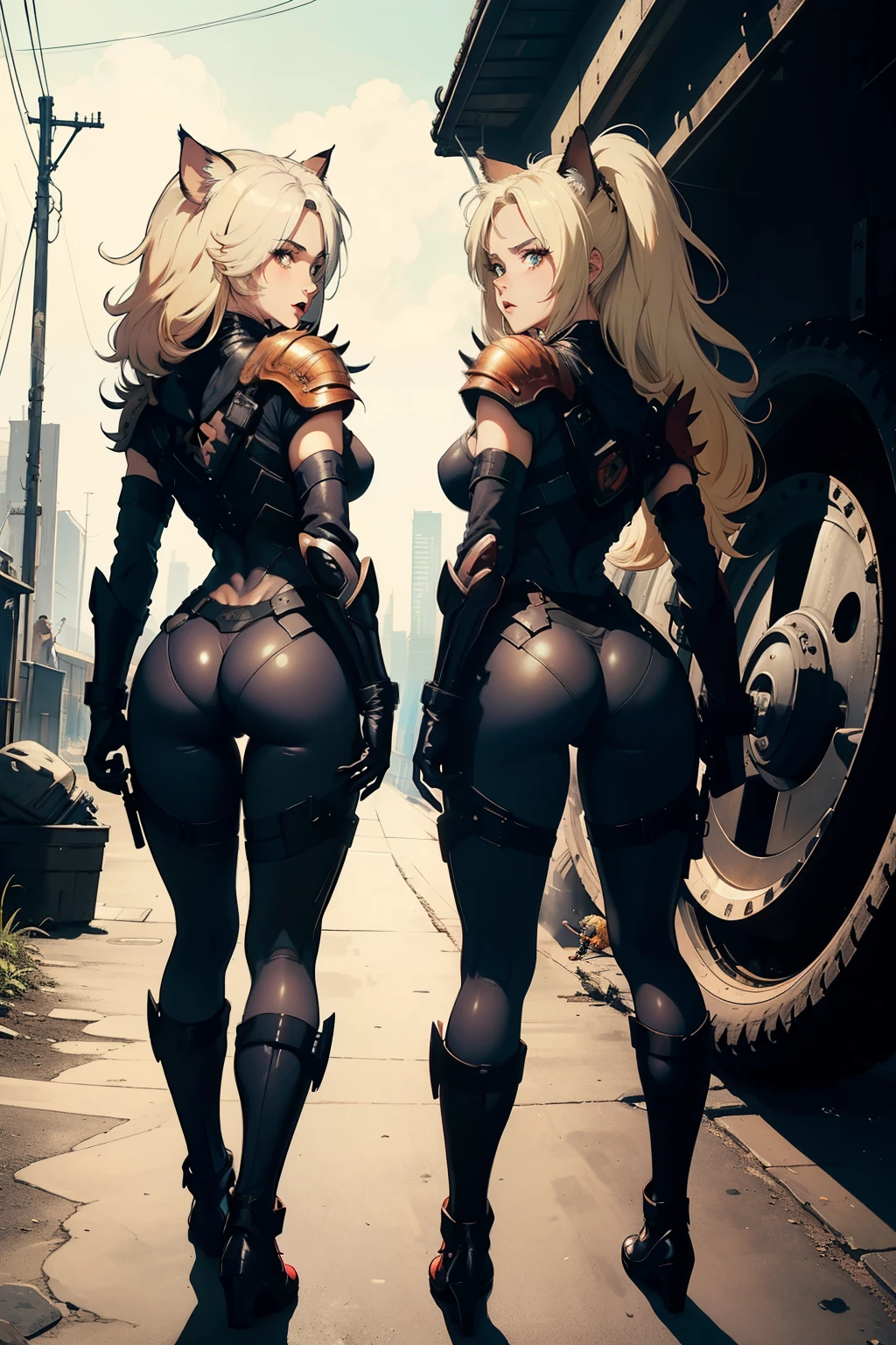 ((highest quality)), ((masterpiece)), (be familiar with), (High definition), 8K, Perfect Face、2Women、Two blonde women with cat ears、((The two of them are sticking out their butts to the camera.:1.2))、tall、2 Blonde cat ears、2. Long Hair、2. Volumetric hair style、big breasts、Narrow waist、Big Ass、glamorous、Alluring、protector、Armor、combat suit、combat boots、Armament、Equipped with large firearms、Cinematic、Best Shadow、Side lighting、NEO TOKYO、riot、explosion、tank、helicopter、(Angle from behind)、(Buttocks up)