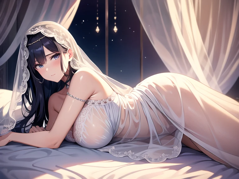 (((depict cute girl))), wake up, cute lovely bedroom, brown hair, long hair, straigh hair, green eyes, sunshine, small breasts, ((topless)) nice hips, (((light blue transparent veil pajama pants))), ((pretty white panties stick out)), (Masterpiece, Excellent, complex details), delicate girl, delicate face