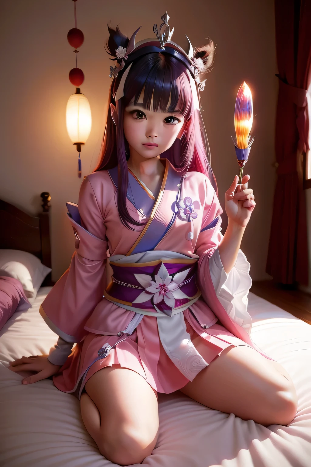 Sakura cap captor adolescentes con senos grandes, cabello largo , su barita magica en si mano, en su cuarto estilo japones, y luces de colores, mirada tierna , este de pie sobre su cama