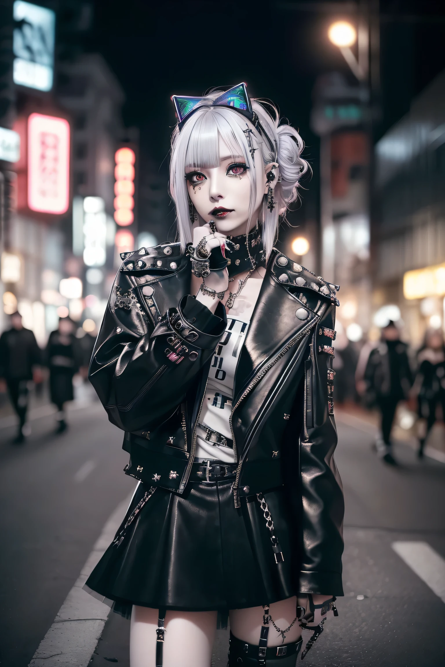 ((Redhead、Goth_punk, One Girl, alone, Medium Shot, Walking around Harajuku, ((at night)), Bokeh Depth of Field, Neon Light, Rainbow Eyes, Starry Sky, Red glowing hair, White eyebrows, Shiny Hair, (Iridescent white hair),Earrings, Buns, Jewelry, Dull Bangs, Veld Eyes, Blurred Blurred Background, Blurred, Hairpiece, Look at the Viewer, Short Hair, Portrait, Side Locks
BREAK ((sweden girl,white skin,white person)),A goth punk girl in a rugged, industrial setting, wearing a studded leather jacket and tulle skirt, with dramatic makeup and punk hair,
BREAK (gyaru:1.1),(Glamour:1. 3),(night),photo of a beautiful skinny woman (supermodel:1.3),
BREAK ((earrings, and rings),Cowboy Shot, ((tall person)),(android),((upturned eyes)),