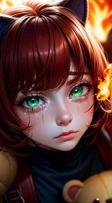 Green Eyes, annie, Red Hair, sad, brown leather backpack, short hair, fake cat ears, long bangs, fire, teddy bear, tibbers, purple shirt, flame, throwing, close up, glowing, tear, crying