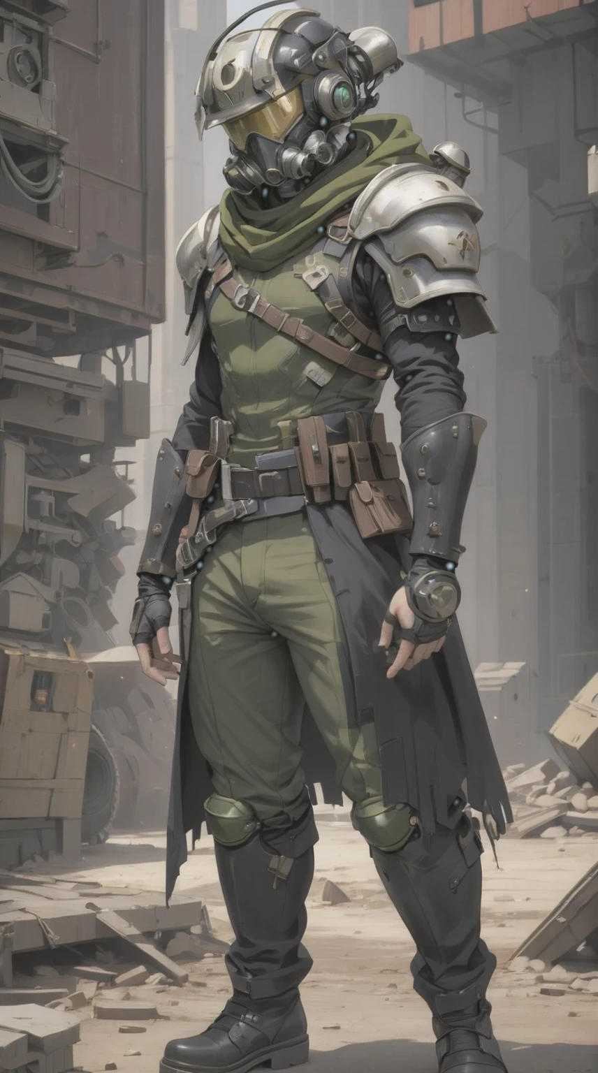 A post-apocalyptic style male survivor, has a white sci-fi helmet sallet, a respirator under the helmet, a closed trench coat, an arm with a black and purple sci-fi gauntlet, knee high boots, black pants, and three layers of torn olive green ponchos, style fallout, Un oc de estilo post apocalyptico, tiene un casco sci-fi inspirado en el Sallet, un respirador bajo el casco, una gabardina cerrada, un brazo con un guantelete sci-fi, botas, pantalones, y tres capas de tela ponchos rasgados, estilo fallout
