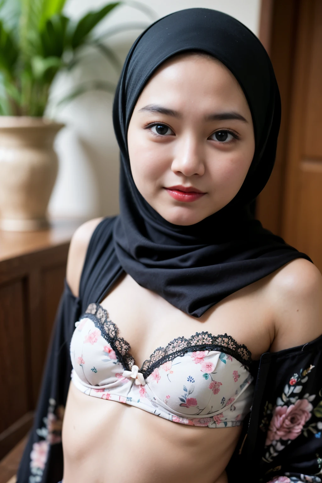 (((HIJAB MALAY GIRL))), masutepiece, High quality, UHD 32K, Realistic face, Realistic skin feeling , A Japanese Lady, 8 , , Very cute and baby-like face, (((FLAT CHEST))), (MATRIX WORLD), ((look In front  at the camera and SADNESS)), ((())), (((CUTE GIRL))), ((RED LIPS)), ((Floral Pattern)) little wearing strapless bra, strapless colorful bra