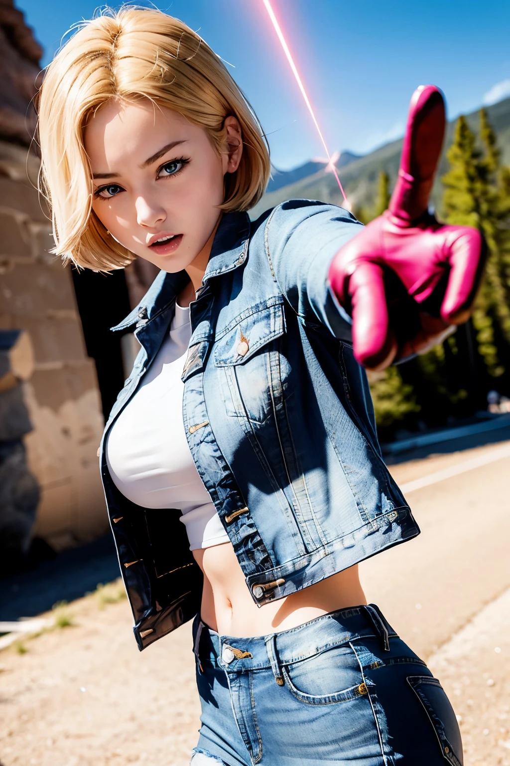 (((1 girl, Lovely, denim jacket, White top, jeans, Gloves, blond, short hair, Bob Hair, Side parting, blue eyes))), (((blond hair))),
Dynamic poses, Comic Style, Portray a group of characters in various action scenes, From intense battles to relaxing moments, Featuring dramatic speed lines and bold sound effects, Capture the excitement and energy of your story, Laser rays from the palm of your hand, Attack with palm forward, Yellowstone National Park, great canyon,