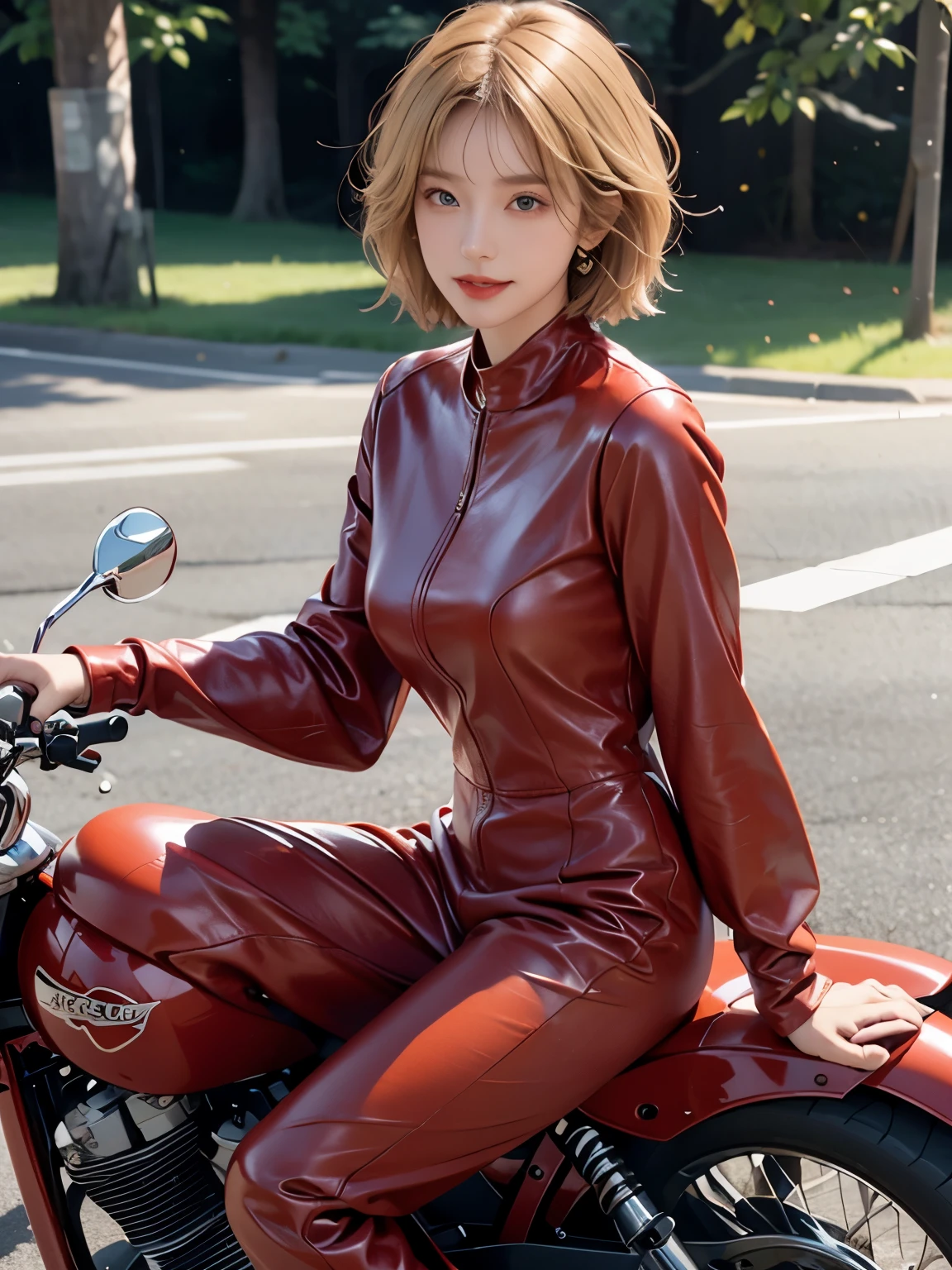 (masterpiece:1.3), (8k, Realistic, RAW Photos, highest quality:1.4), (Realistic face), (Blonde, short hair:1.3), Beautiful hairstyle, Realistic eyes, Beautiful little blue eyes, (Realistic skin), (Beautiful Skin), (((Riding a motorcycle outdoors))), charm, Ultra-high resolution, Golden Ratio, Long limbs、((Scandinavian beautiful girl))、((smile)), ((full body shot)), ((((Wine red leather jumpsuit and long boots))))