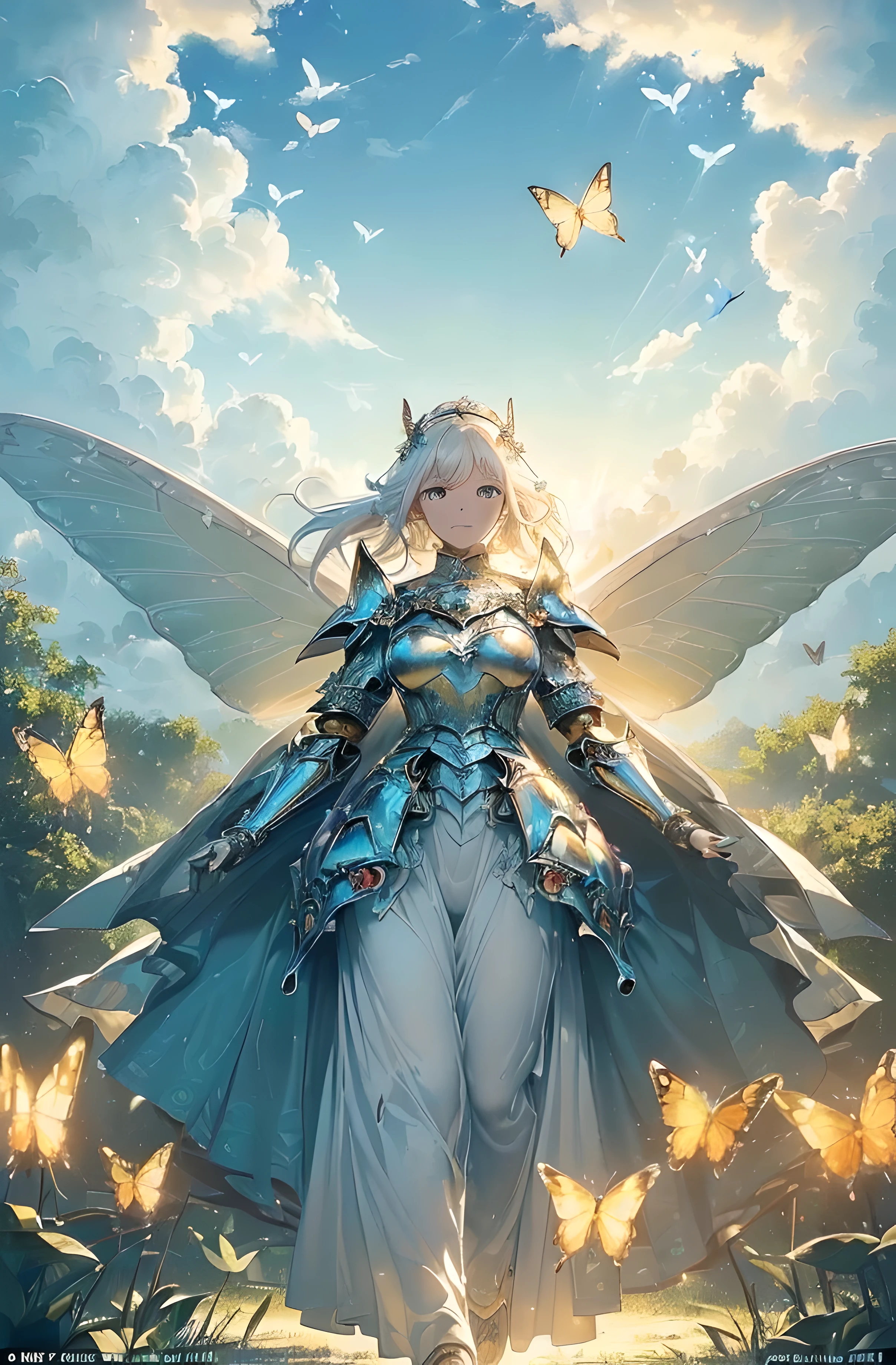 A beautiful woman, chivalry, ((((realistic oil art, 46-year-old Empress, fantasy, serious scene, vibrant look, (( Angel knight, shining knight, glowing knight, glowing armor, fine armor, intricate armor design, full body armor)), Tachibana Omina art style, sharp eyes gaze, half a smile, slightly open mouth, a triumph expression, floating on the sky, stay on cloud, shining with a bright light, calm, breeze and sunlight, sun, clouds, butterflies in the sky, shining butterflies