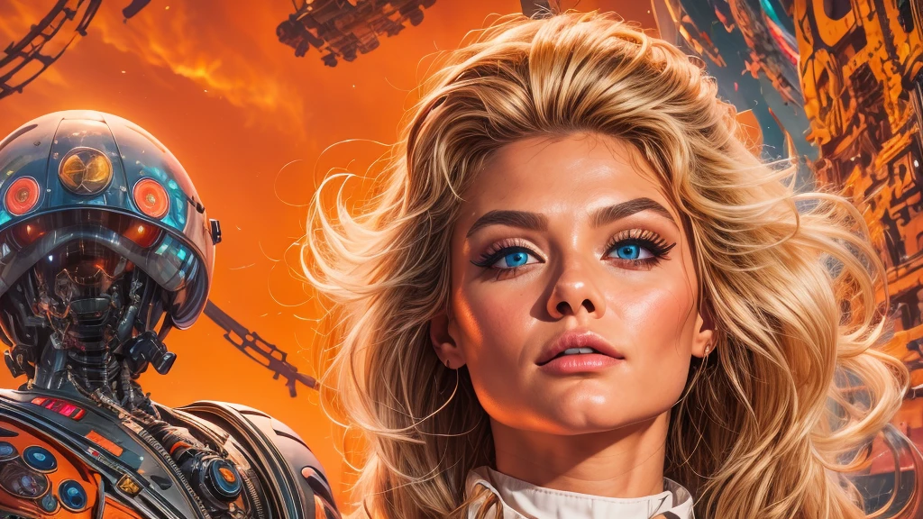 arafed image of a white woman in a futuristic suit with a spaceship in the background, movie art, in front of an orange background, inspired by Robert McGinnis, female protagonist, megastructure in the background, portrait of an ai astronaut, astronauts, an astronaut, portrait of a astronaut skeletor, perfect android girl, detailed eyes, perfectly detailed teeth, frank franzzeta and sakimichan