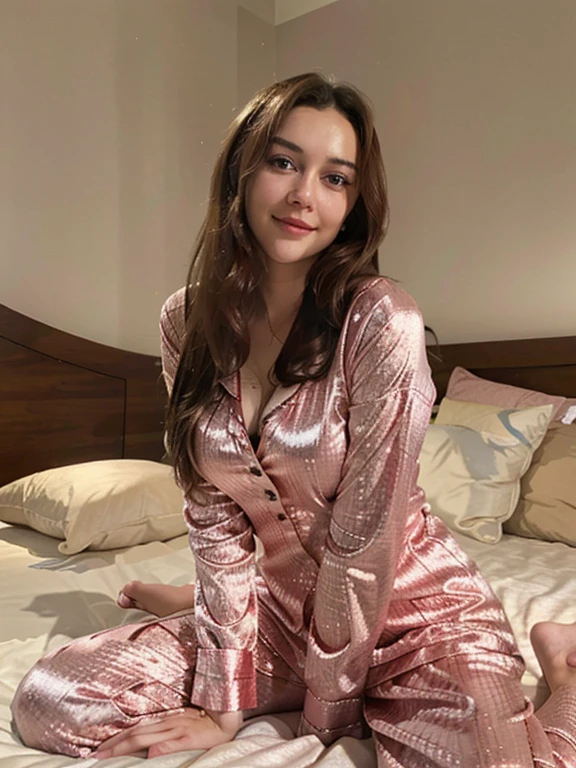 highest quality, masterpiece, ultra high resolution, realistic, 1 girl, smile, sexy pajamas, on the bed, at night