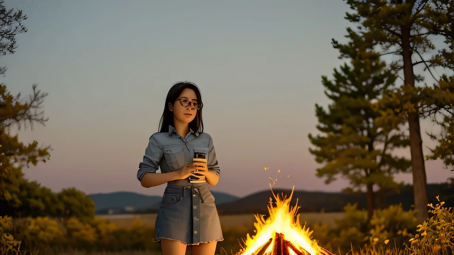 Solo, female, standing near, campfire, (smoky wind), flannel shirt, jeans, scruffy beard, carbonated glasses, marshmallow in hand, night sky above, orange and yellow leaves surrounding, autumn scene, camping gear nearby, crackling sound of the fire, peaceful, by Bebebebebe, by Spikes, By Darkgem, by Mystic Fox 61, by Chunie, deep focus, warm light from the fire illuminating the face, detailed shadows, clear night sky, stars twinkling, crisp autumn air, nostalgic atmosphere, (explicit content, adult, nsfw), high contrast, cinematic, denim middle skirt