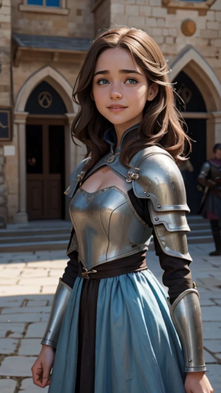 Foto hiperrealista en primer plano de Kate Beckinsale, Create dystopian masterpieces, scene from the Game of Thrones movie, the entire figure dressed in Game of Thrones style, light blue dress with armor accessories, om a medieval market square, beautiful woman, skinny, small breasts, straight brown hair, detailed face, smile smile, photo taken from a distance, age 20 tears old
