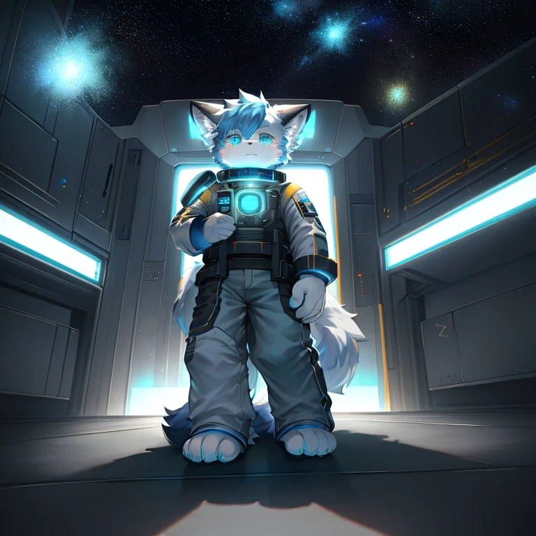 "(High quality sci-fi scenery and shadows,Ray Tracing,Particle Effects,8k resolution),(Cat-eared Shota boy and a huge wolf tail+The ears are big and long)of(White luminous pants+皮毛是白色of+Yellow and blue luminous clothes),Wearing futuristic sci-fi naval command uniform,Space Helmet,Animal-type feet,散发着神秘又英气of可爱气质。"