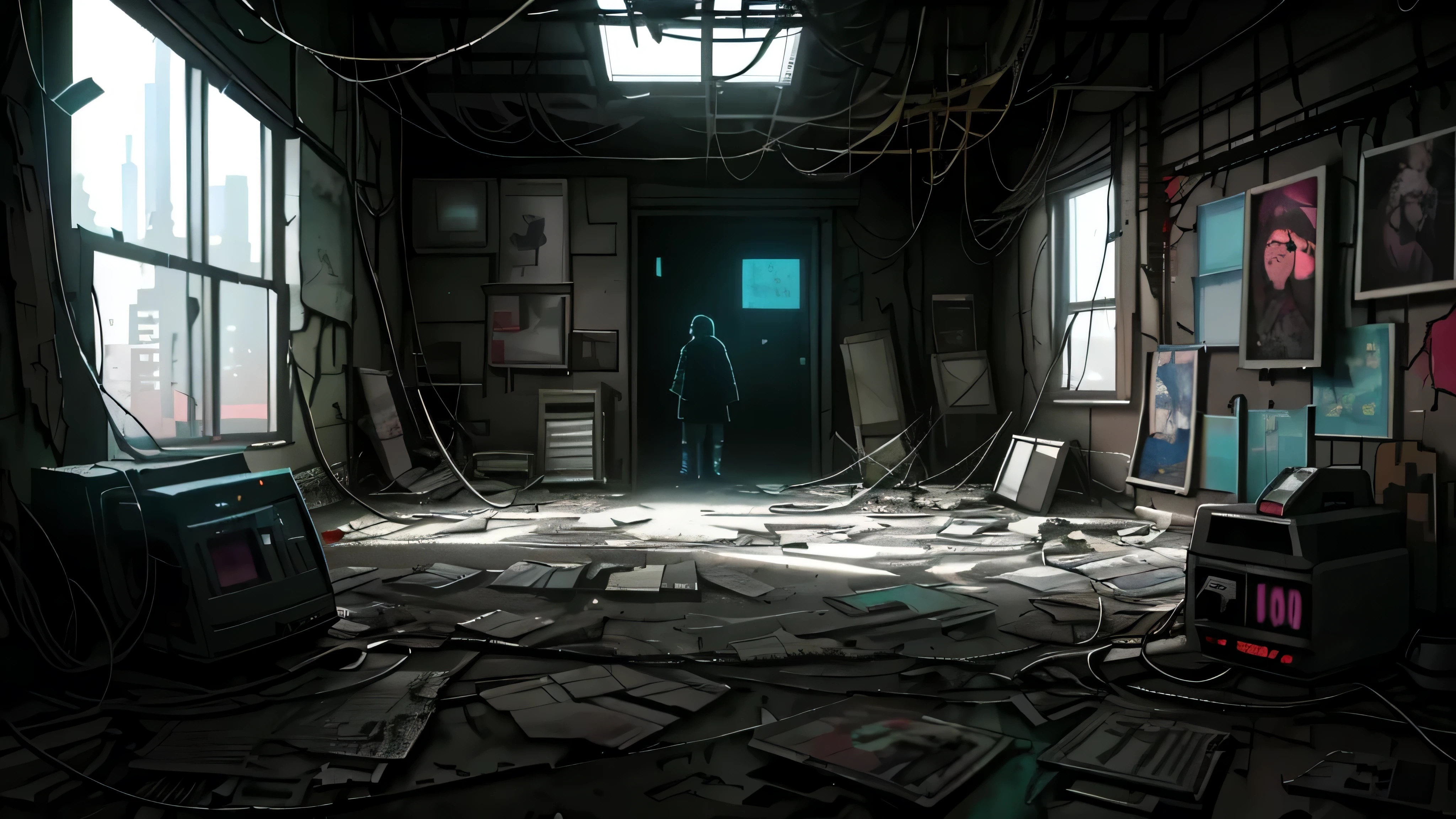 In the heart of a gloomy cyberpunk-style room, enshrouded in darkness, neon lighting bleeds through the cracks, casting an eerie glow on the high-tech atmosphere. The air is thick with dust, imparting an abandoned feeling. Broken windowpanes let in the elements, their shattered edges contrasting with the sleek, metallic floor. Decaying walls, adorned with layers of worn-out posters and graffiti, exude an unkempt, cluttered charm.
Cables and wires, a tangled mess, snake across the floor, connecting broken electronic equipment and holographic projections. The air crackles with