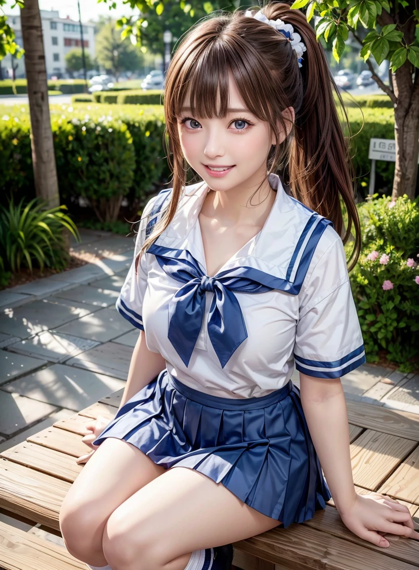 (highest quality:1.3), High resolution, Very detailed, Very detailedな CG Unity 8k 壁紙, Realistic, photo-Realistic, RAW Photos, Beautifully detailed face, Realistic glistening skin, High-quality fabric, Detailed hair texture, Perfect body, Beautiful Features, Accurate, Anatomically correct, Very detailedな顔と肌の質感、One Girl, cute, ((brown hair、ponytail, deep blue eyes: 1. 2)), Shiny Hair, Thick bangs, ((A smile showing white teeth: 1. 2)), Sailor suit、Pleated skirt、White loose socks、Squatting while holding the skirt、